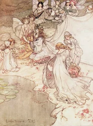 Illustration pour un conte de fées, la reine des fées couvrant un enfant de fleurs